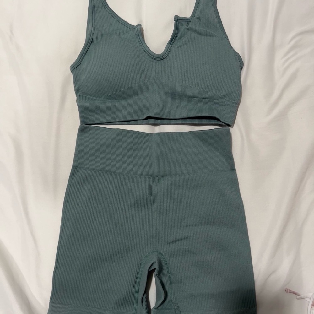 Teal Ribbed Sports Bra and Shorts Set